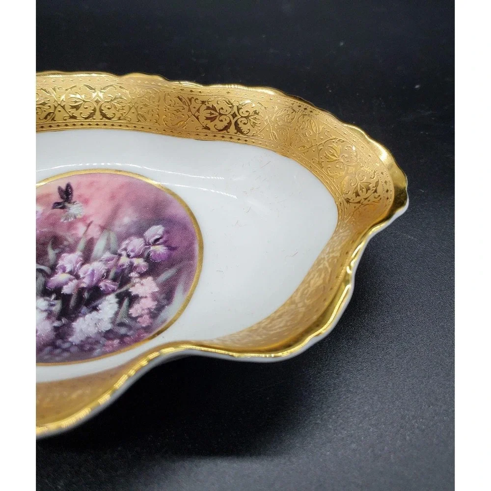 Limoges France Versailles Porcelain Trinket Dish Wavy Gold Gilt Purple Flower 7